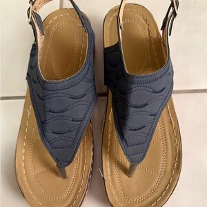 Stylish Blue and Tan Sandals with Ankle Strap